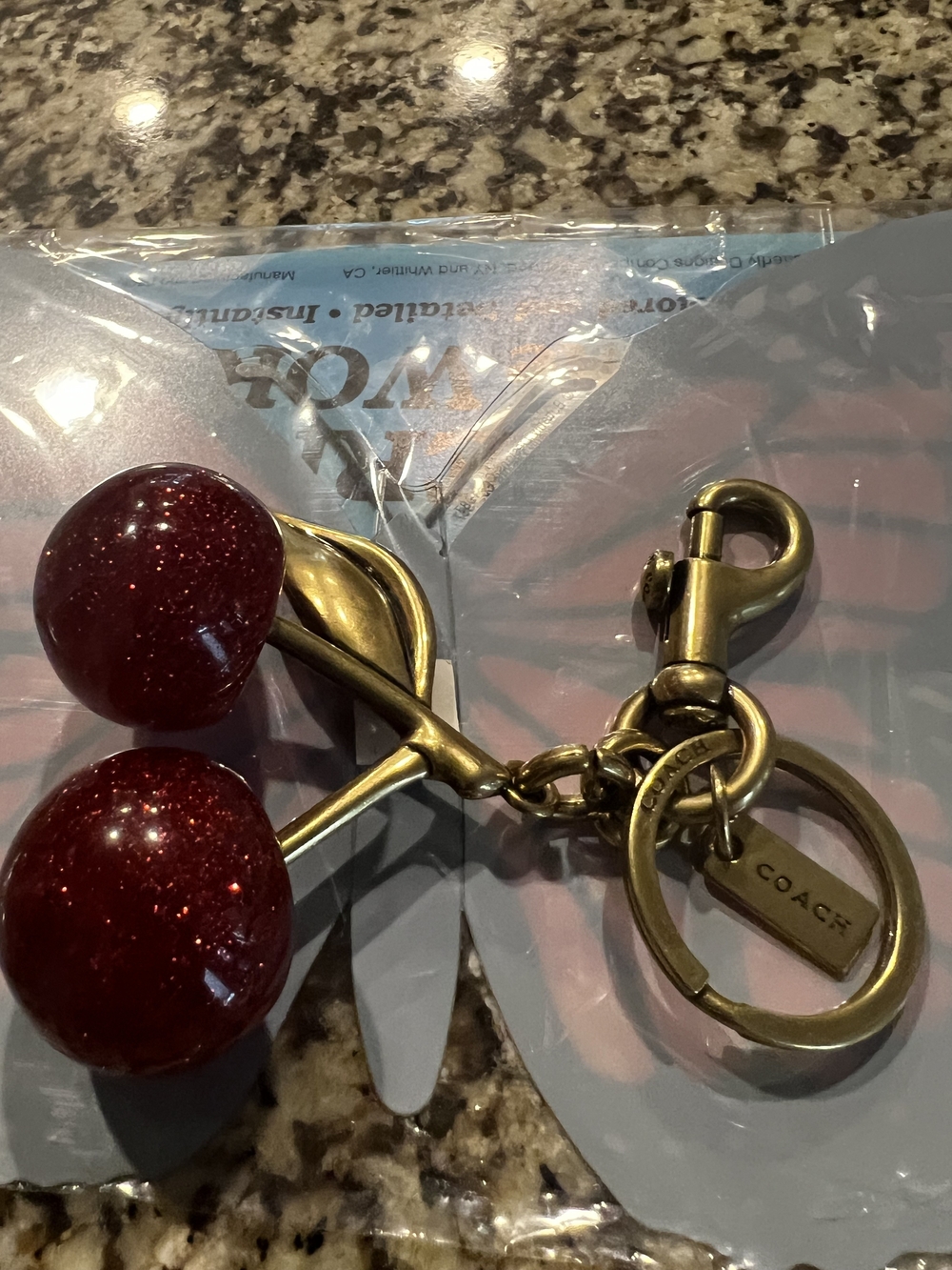 COACH Glitter Red Cherry Keyring with Brass-Tone Hardware